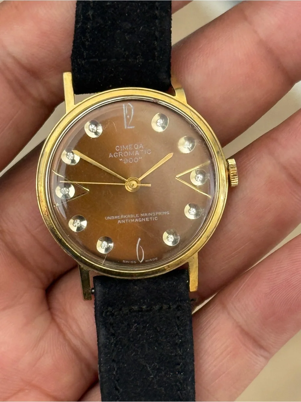 CIMEQA Agromatic 900 vintage Men’s Watch. Gold Tone, Manual Swiss Diamond
